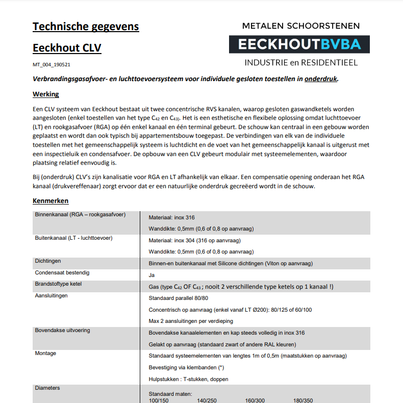 Technische gegevens en montage instructies CLV