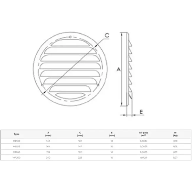 Metalen ventilatierooster rond Ø160 mm grijs - MR160P - RAL9006