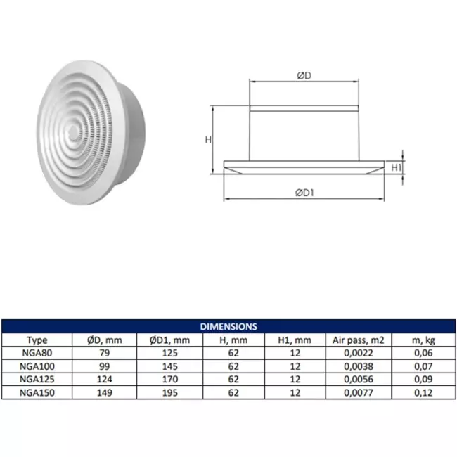 Rond ventilatierooster grill Ø125 mm antraciet - NGA125A