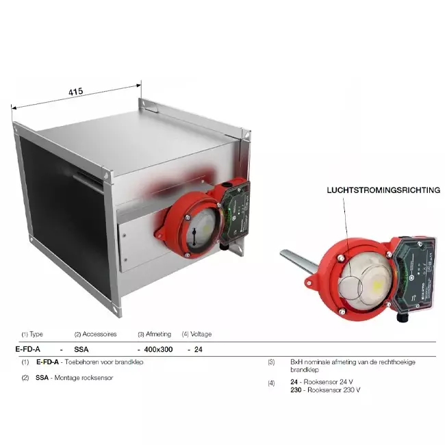 Rooksensor 24V voor rechthoekige brandklep - E-FD A SSA 200x200 24