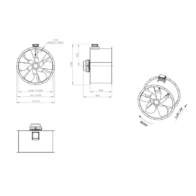 Axiaal 1000 mm kanaalventilator rookgas F300- AL 1000 D4 F3 03 CFG