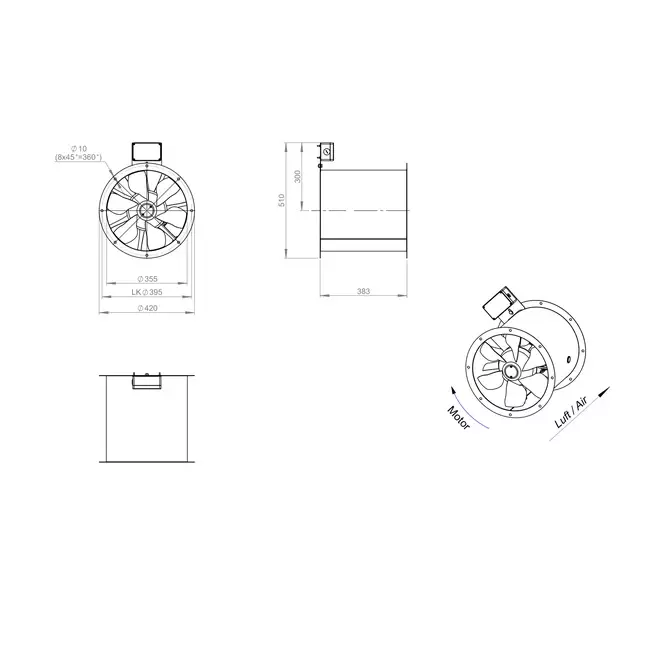 Axiaal 355 mm kanaalventilator rookgas F400 - AL 355 D4 F4 01 CFG