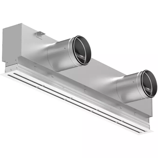 Lijnrooster aluminium met 4 instelbare patroonbladen – 2000 mm – RAL 9016 + geïsoleerd plenum met luchtdebietregelklep