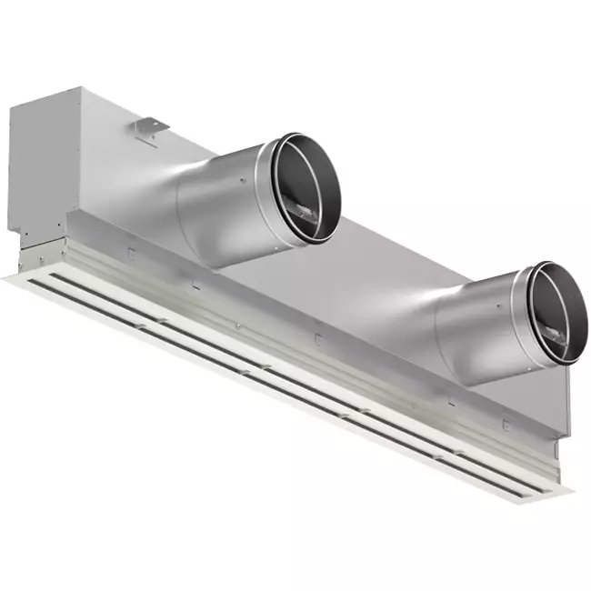 Lijnrooster aluminium met 2 instelbare patroonbladen – 2000 mm – RAL 9010 + geïsoleerd plenum met luchtdebietregelklep