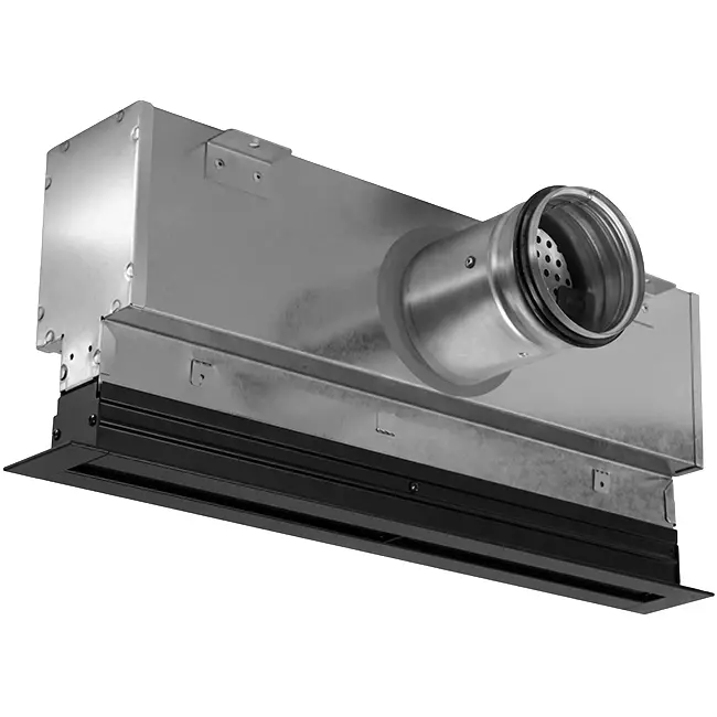 Grille linéaire en aluminium avec 3 déflecteurs réglables – 500 mm – RAL 9005 + plénum isolé avec registre de régulation du débit d'air