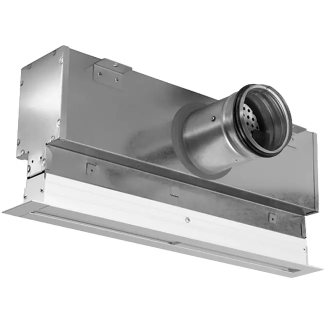 Lijnrooster aluminium met 4 instelbare patroonbladen – 500 mm – RAL 9016 + geïsoleerd plenum met luchtdebietregelklep