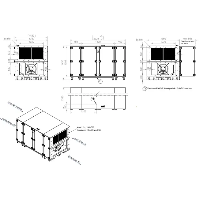 Maxivent WTW luchtbehandelingkasten met tegenstroomwisselaar 7600 m3/h horizontaal horizontaal links - PHE 7600 H OOJL T 02