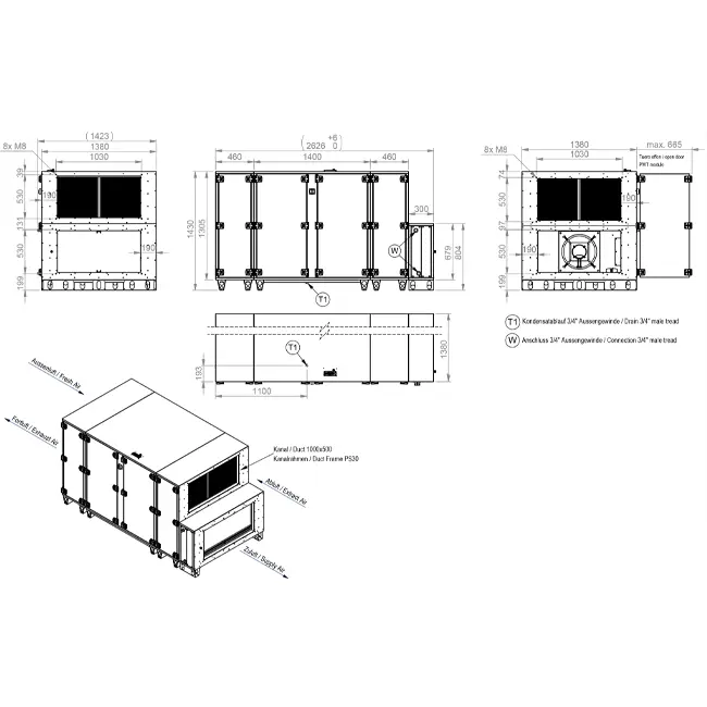 Maxivent WTW luchtbehandelingkasten met tegenstroomwisselaar 5000 m3/h met warmwaterbatterij horizontaal rechts - PHE 5000 H WOJR T 01