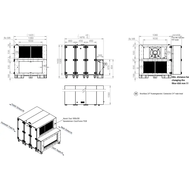 Centrales de traitement d'air Maxivent WTW avec roue thermique 10 000 m³/h et batterie à eau chaude, horizontale à droite - RHE 10000 H WOJR T 01