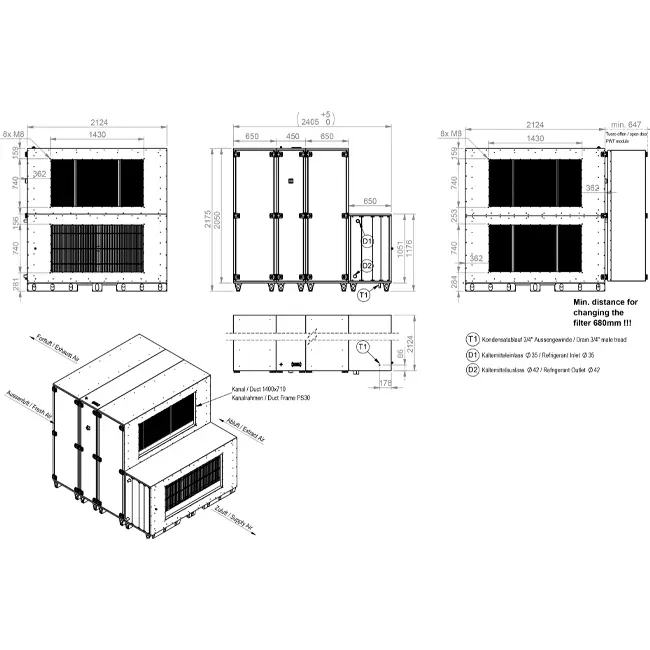 Centrales de traitement d'air Maxivent WTW avec roue thermique 20 000 m³/h et batterie DX horizontale à gauche - RHE 20000 HOD JL T 02
