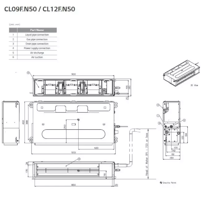 Climatiseur LG à faible statique unité intérieure + télécommande CL09F R32 2.6 kW