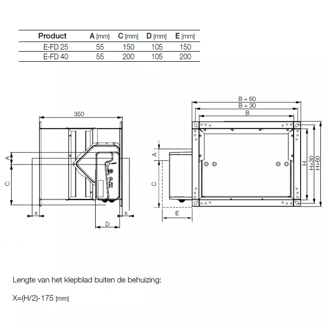 Brandklep rechthoekig handbediend - E-FD25 100x300 R