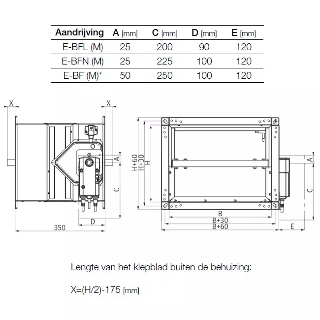 Brandklep rechthoekig servomotor 24V - E-FD25 150x350 M24 S