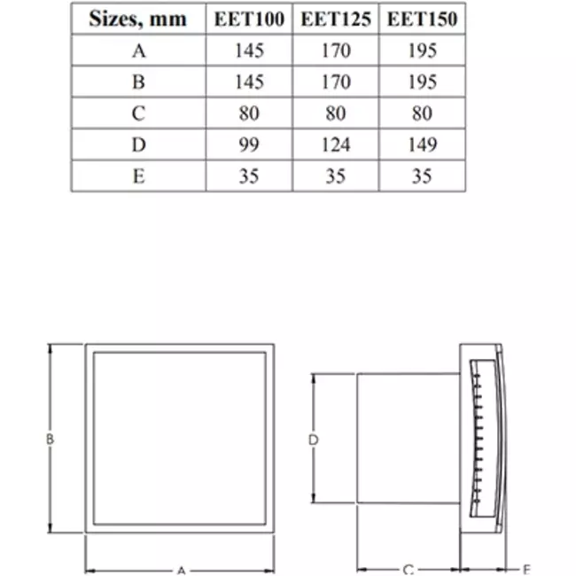 Badkamerventilator Ø 125mm wit met timer en vochtigheidssensor - Design EET125HT