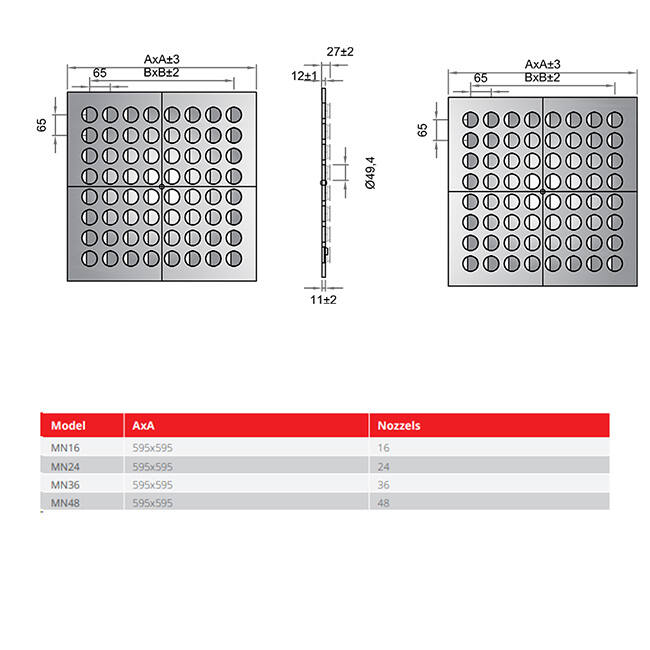 Multinozzle plafondrooster 596x596 mm - MN24 RAL9005 30% glans