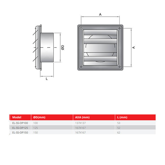 RVS gevelrooster 100mm met beweegbare lamellen hoge doorlaat - EL-SS-OP100 SS