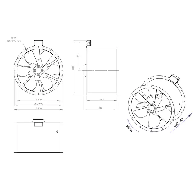 Axiaal 630 mm kanaalventilator rookgas F400 - AL 630 D4 F4 03 CFG