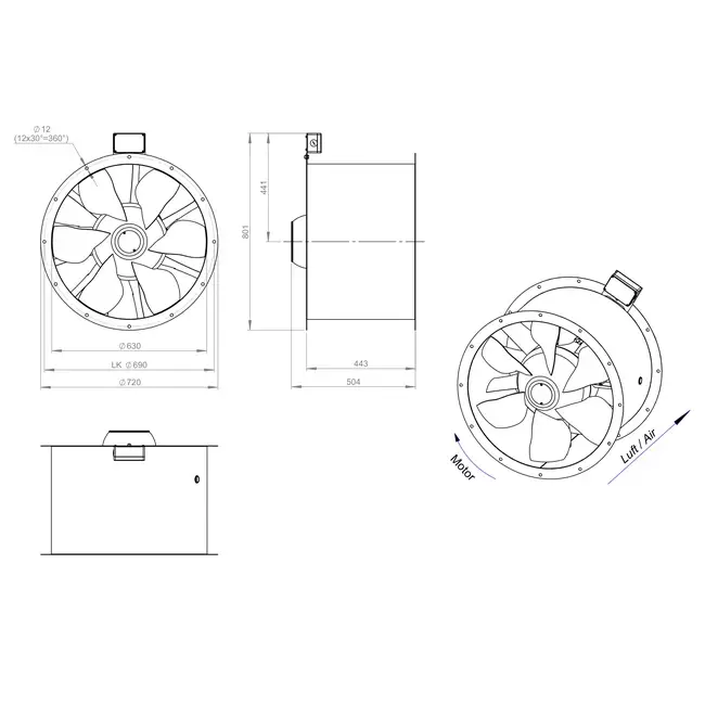 Axiaal 630 mm kanaalventilator rookgas F400 - AL 630 D6 F4 02 CFG