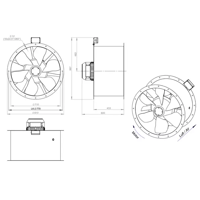 Axiaal 710 mm kanaalventilator rookgas F400 - AL 710 D4 F4 01 CFG