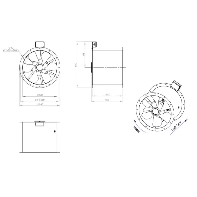 Axiaal 500 mm kanaalventilator rookgas F400 - AL 500 D4 F4 03 CFG