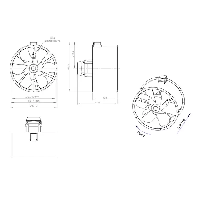 Axiaal 1250 mm kanaalventilator rookgas F300- AL 1250 D6 F3 05 CFG