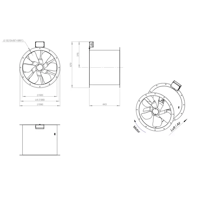 Axiaal 500 mm kanaalventilator rookgas F300- AL 500 D4 F3 02 CFG