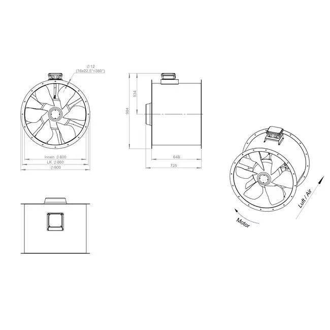 Axiaal 800 mm kanaalventilator rookgas F300- AL 800 D84U F3 02 CFG