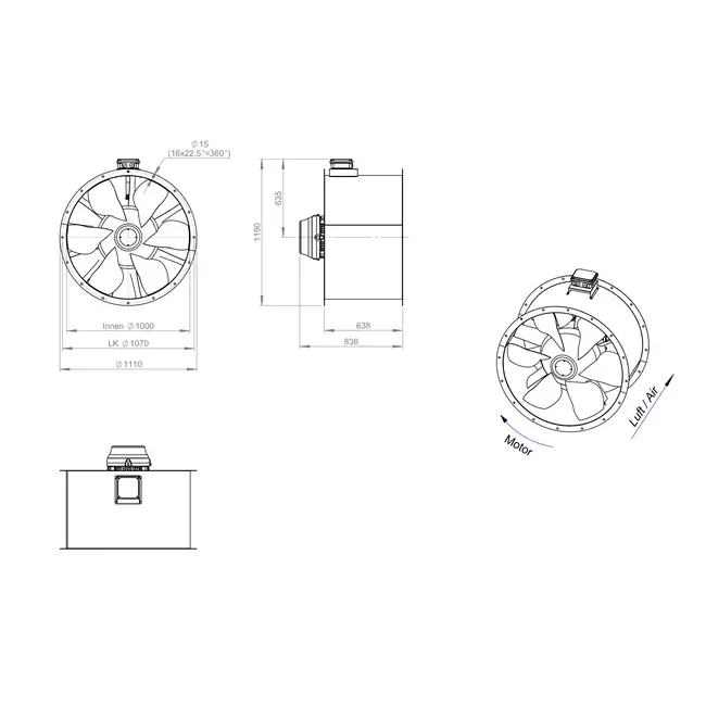 Axiaal 1000 mm kanaalventilator rookgas F300- AL 1000 D84U F3 02 CFG