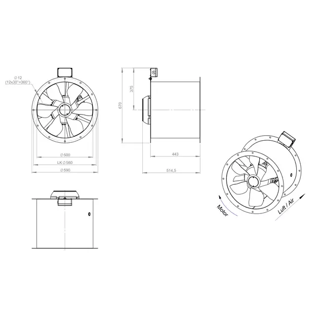 Ventilateur axial de 500 mm pour gaz de combustion F300- AL 500 D2 F3 03 CFG