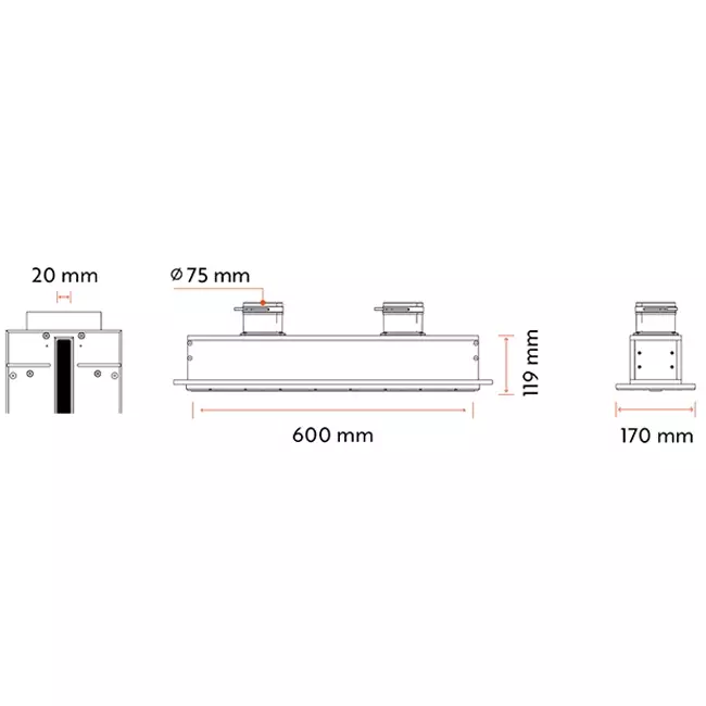 Ergovent instucbaar frameloos lijnrooster 600 mm met aansluitdiameter 75 mm - profiel (verticaal)