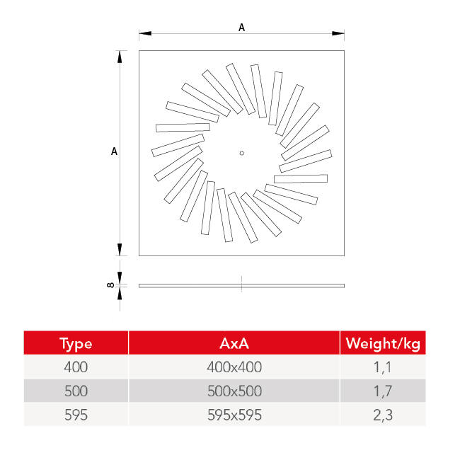 Wervelrooster staal met verstelbare deflectoren – 500x500 mm – RAL 9005