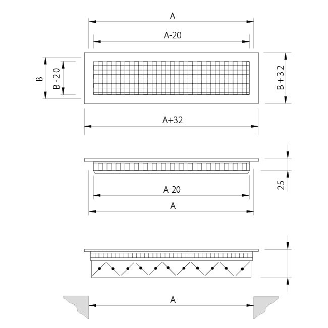 Grille murale en aluminium avec grille fixe - avec ressorts de friction - 600x300 mm - RAL 9005