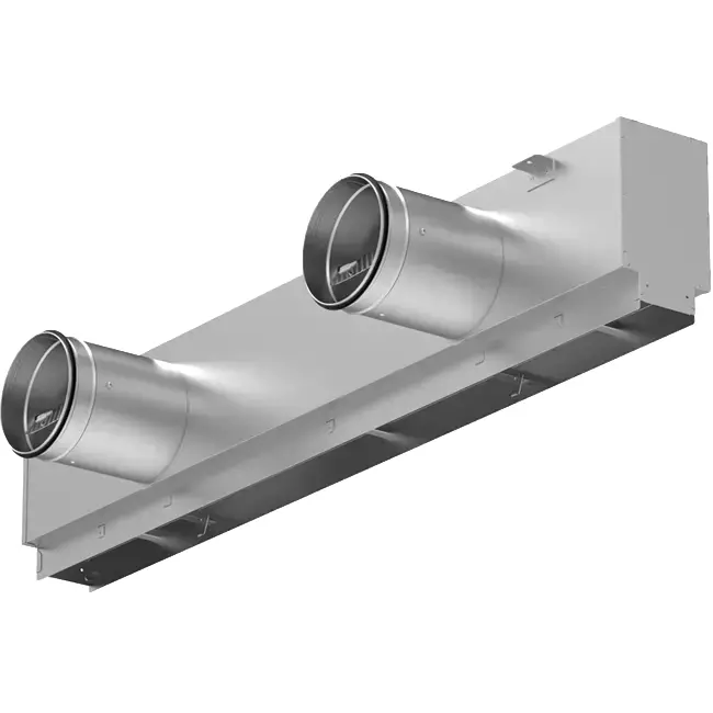 Lijnrooster aluminium met 2 instelbare patroonbladen – 2000 mm – RAL 9010 + geïsoleerd plenum met luchtdebietregelklep
