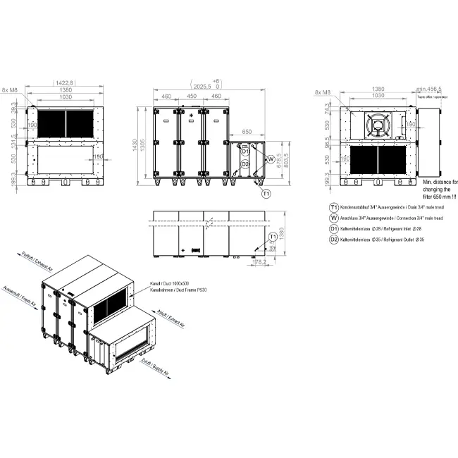 Centrales de traitement d'air Maxivent WTW avec roue à chaleur 16 000 m³/h, batterie à eau chaude et refroidissement DX, horizontale à droite - RHE 16000 H WDJR T 01