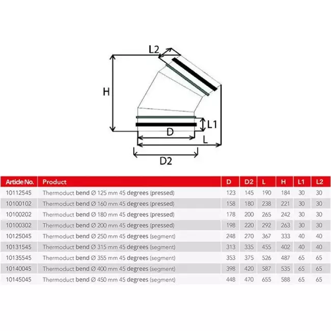 Thermoduct geïsoleerde bocht 45 graden diameter 250 mm